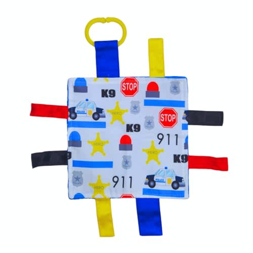 Baby Jack & Co 8x8” Police Law Enforcement Office Blue Line Lovey Tag Toy - Crinkle Toy for Developing 5 Senses - Soother - Learn Shapes & Colors - Travel Gift - BPA Free w/Stroller Clip