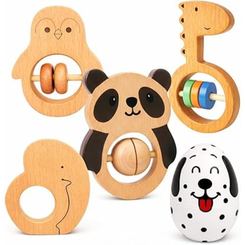 Wooden Baby Rattle Set (5pcs) – Montessori Infant Grasping Toys for 0-12 Months, Natural Non-Toxic Sensory Development Toy, Eco-Friendly Shaker Organic Baby Shower Gift for Boys & Girls