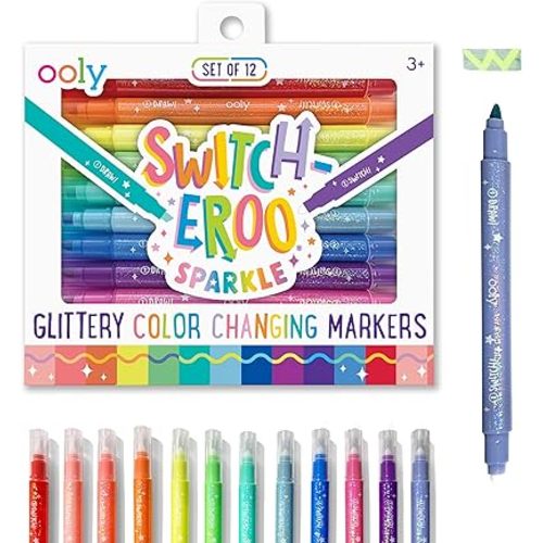 Ooly 12 Pack Sparkle Switch-eroo Color Changing Markers, Dual Tip Markers for Kids, Double Ended Chisel Tip Marker Set Great for Art Supplies, Drawing and Stationery Sets