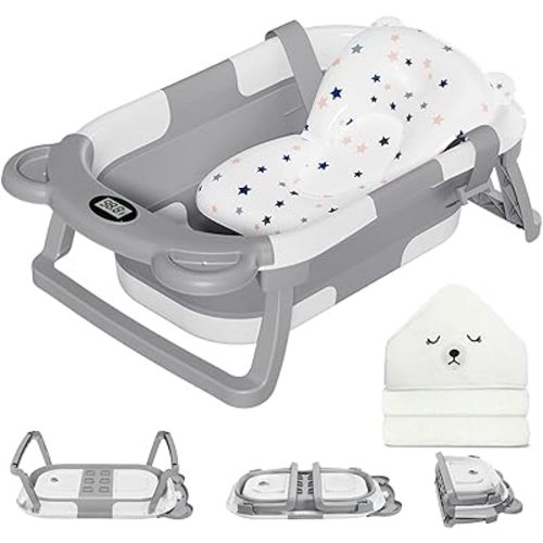 MoreFeel Collapsible Baby Bathtub for Newborn with Thermometer & 1 Hooded Towel & 1 Soft Floating Cushion,Portable Travel Bathtub with Drain Hole, Durable Foldable Baby Tubs for Infants to Toddler