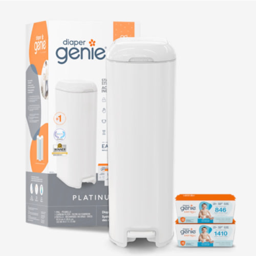 Diaper Genie Platinum Pail Gift Set, Lily White, Made of Durable Stainless Steel and Includes 2 Easy Roll Refills with 18 Bags and 30 Bags