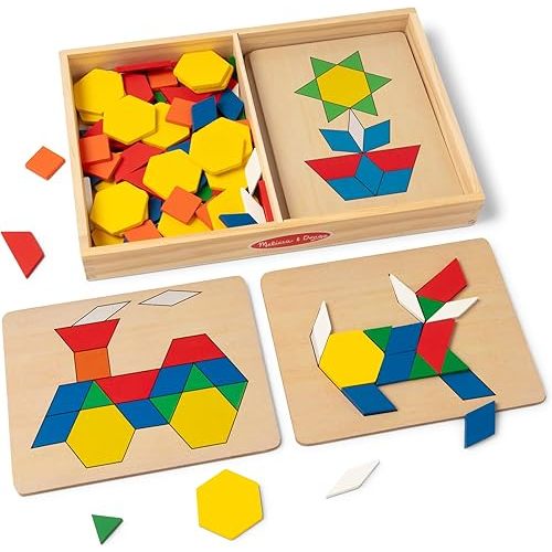 Melissa & Doug Pattern Blocks and Boards with 120 Multi-Colored Wooden Shape Tiles, 5 Double-Sided Puzzle Boards, Tangram Puzzles, Montessori Toys for Girls & Boys