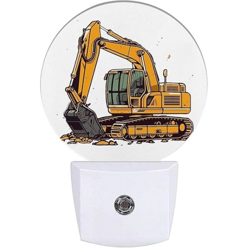 Cartoon Excavator Night Light Mechanical Construction Truck Night Lights LED Lamp Round Plug into Wall Nightlight with Dusk to Dawn Sensor Home Hallway Stairway Kitchen Decor