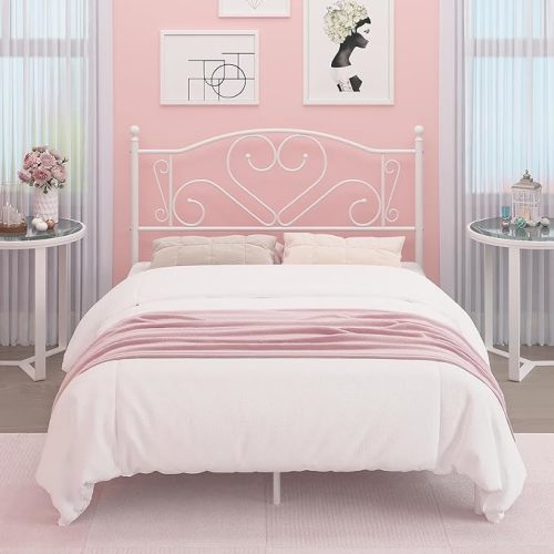 Weehom Full Size Bed Frame with Headboard, Heavy Duty Steel Slat Support Platform Under Bed Storage Space No Box Spring Needed, White