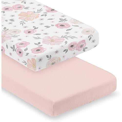 Sweet Jojo Designs 2-Piece Muslin Crib Sheets (Pink Boho Floral) for Baby Girls, Infant Nursery, Toddler Room - Standard Size 100% Cotton Sheet Set (Solid Blush & Bohemian Farmhouse Shabby Watercolor)