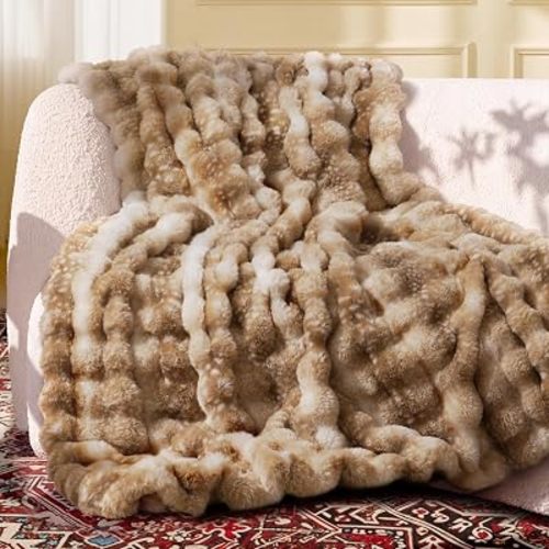 Ultra Soft Cozy Faux Fur Throw Blanket, Fuzzy Plush Thick Bubble Blanket, Oversize Luxury Fluffy Blanket for Couch, Sofa, Bedroom, and Living Room,50x60 Inches,Tie-Dye Camel