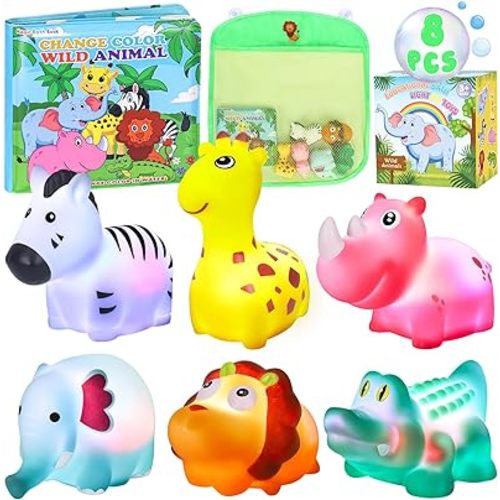 Light Up Bath Toys for Toddlers Kids Girls Baby, No Hole Glow Bath Toys with Bath Book & Organizer, Led Light Bath Time Water Toys for Bath Tubs Bathrooms Pool, Gift for Toddlers Girls Infants