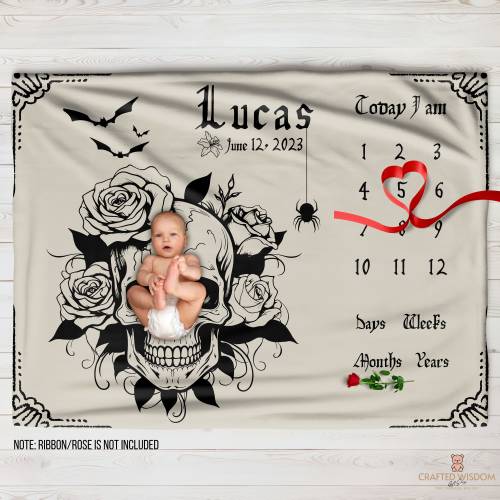 Personalized Goth Baby Milestone Blanket, Gift for Newborn, Customizable Baby Blanket, Gift for toddler, photo blanket, Monthly Milestones