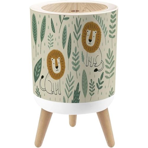 Bathroom Trash Can with Lid Cute Lion Jungle Seamless Hand Drawn for Kids Garbage Bin Waste Basket for Kitchen Office Bedroom Decoration Diaper Pail 1.8 Gallon
