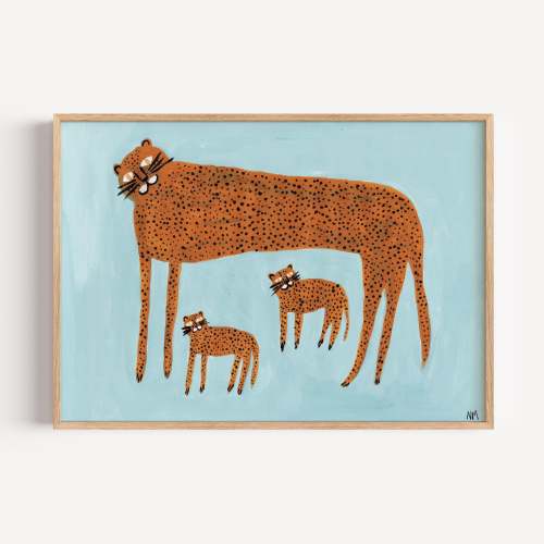 Leopard & Babies On Blue by Nancy McKie