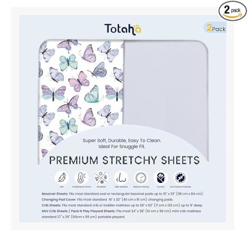 TotAha Premium Soft Pack n Play Sheets, Super Stretchy Jersey Knit Mini Crib Sheets Fitted, Silky Comfort Graco Pack and Play Mattress Sheets 2-Pack, Purple Butterfly