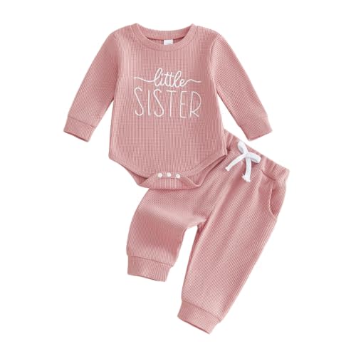 Newborn Baby Girl Fall Outfit Set Romper Pants Infant Waffle Clothes | Long Sleeve Letter Embroidery Jumpsuit Bodysuit