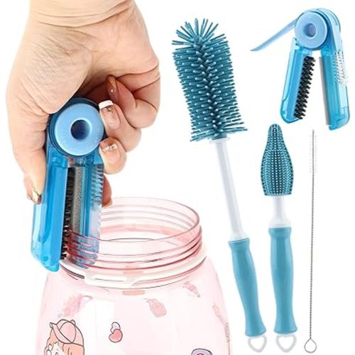 4pcs Silicone Bottle Brush Set,4 in 1 11" Silicone Brush,Nipple Brush,Straw Brush,Bottle Gap Cleaner Brush,for Milk Bottles,Sports Bottle,and Smaller Diameter Bottle Openings