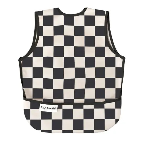 Tiny Twinkle Mess Proof Baby Bib - Waterproof & Lightweight Baby-Led Weaning Apron | 100% Recycled Polyester, Easy Clean & Machine Washable (Black Checkers, Small 6-24 Months)