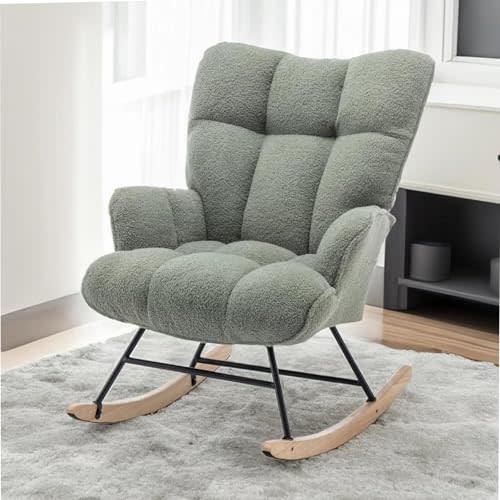 SAETSFEG Rocking Chair Nursery Teddy Upholstered Glider Rocker Rocking Accent Chair Padded Seat with High Backrest Armchair Comfy Side Chair for Living Room Bedroom Offices (Light Green Teddy)