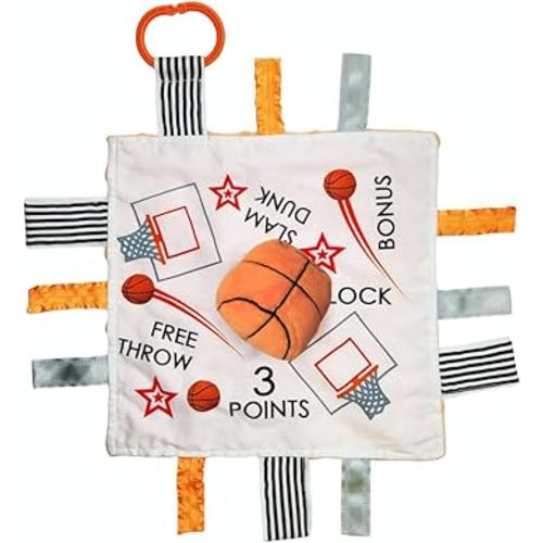 Baby Jack & Co 10x10” Basketball Sports Lovey Sensory Plush Blanket - Tag Toy for Developing Sense of Touch - Travel Stroller Toy w/BPA Free Clip - Learn Shapes, Letters & Colors - Sports Gift