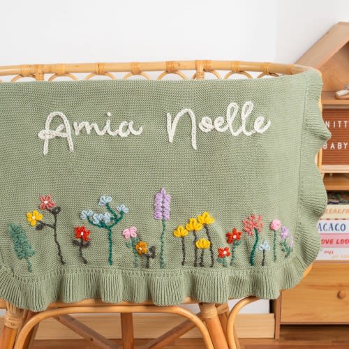Hand-Knitted Floral Name Blanket, baby name blanket, pregnancy announcement, gift for baby shower, best gift for baby girl, Newborn Gift