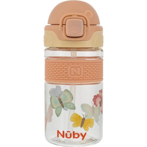Nuby Thirsty Kids Flip-It Bolt Toddler Cup with Push-Button Locking Flip-Top and Silicone Spout - 12 oz - Easy-Grip and Spill-Resistant - 18+ Months - Butterflies