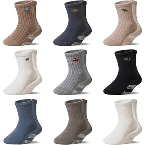 WEVIAS Baby Socks Toddler Grip Non Slip Cotton Crew Infant Boys Girls Anti Skid Socks 9 Pairs