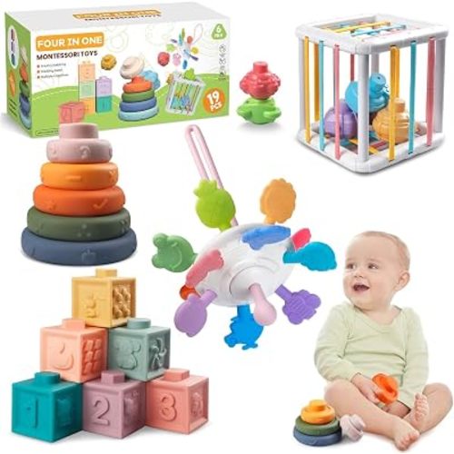 4-in-1 Montessori Baby Toy Set with Pull-String Teether Stacking Blocks