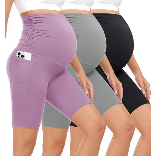 3 Pack Maternity Shorts Over The Belly Pregnancy Biker Shorts Workout Yoga Active Pregnant Pants Pajama with Pockets