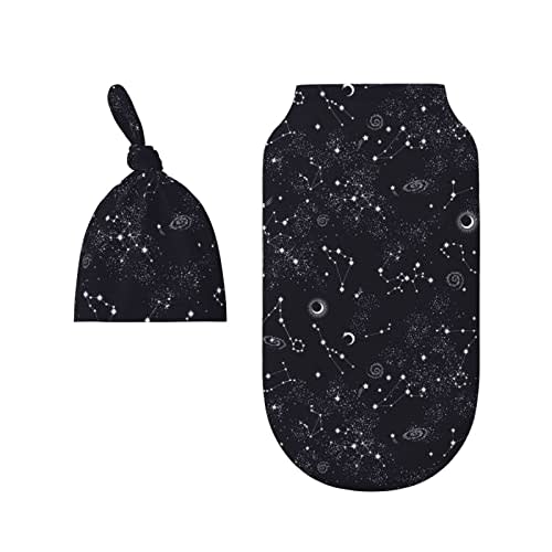 LOGMOR Moon Space Planet Stars Galaxy Universe Pattern Baby Newborn Swaddle Blanket with Beanie Hat Set, 100% Cotton Receiving Blankets Sleep Sack for Boy & Girl Newborn Shower Gift