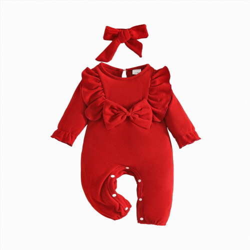 WUANDIXFA Newborn Bubble Romper Soft Cute, Baby Girls Comfortable Breathable Solid Color Long Sleeve Romper,Red,0-3 Months