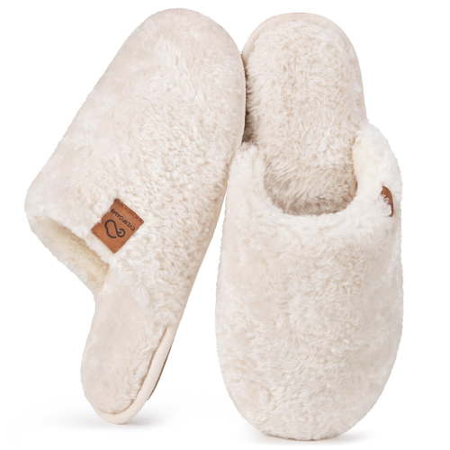 Women's Fuzzy Wool-Like Memory Foam Slip on House Slippers Cozy Soft Indoor Outdoor Ladies Home Shoes,Cream White,9/10 US