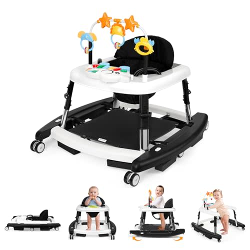 Wolfcode 5-in-1 Music and Lights Baby Walker Foldable with 5 Adjustable Heights, Baby Walker with Wheels and Bouncer Combo Portable, Infant Toddler Walker for Baby Boy Girls 6-18 Months