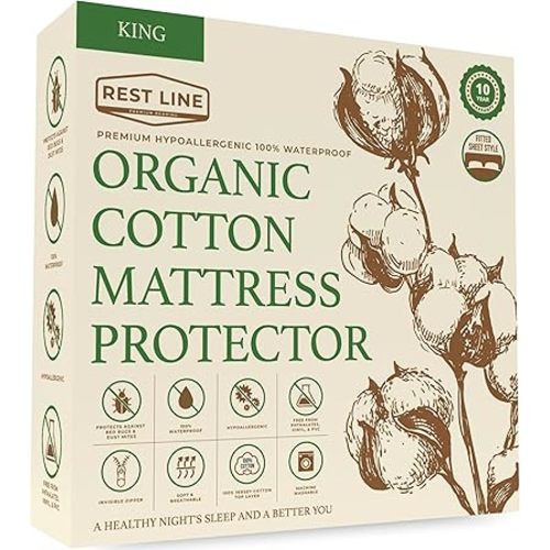 King Size 78x80” Premium Organic Cotton Waterproof Mattress Protector, 100% Cotton, Hypoallergenic, Cooling Mattress Pad Cover, Soft & Breathable Fitted Sheet Style up to 18" Deep - Rest Line