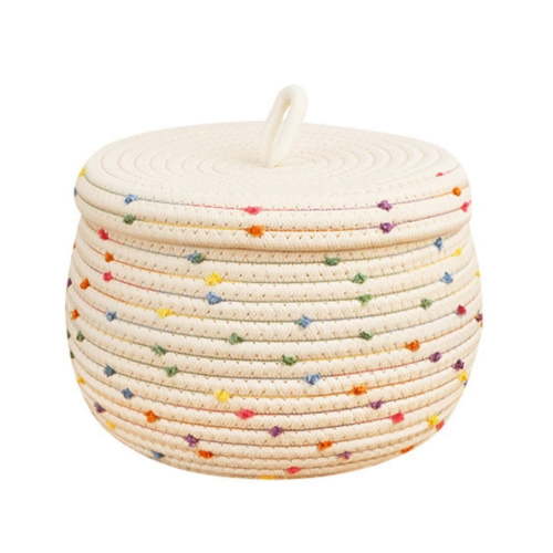 Storage Basket with Lid, Dingrich Round Cotton Rope Basket Small Decorative Basket, Cute Colorful Rainbow Container Woven Storage Bin for Organizing (9.84 x 9.84 x 6.29 in)