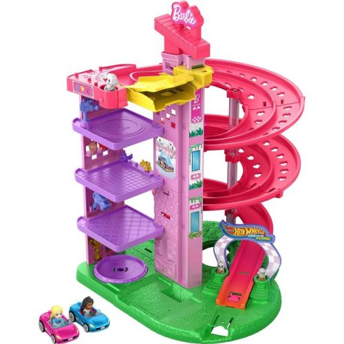 Hot Wheels RacerVerse Barbie Spiral Race Playset with Barbie "Malibu" & Barbie "Brooklyn" Toy Car