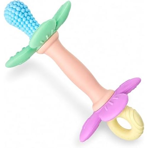 Silicone Teether Tube Stick for Babies – Textured Teething Toy with Grip Handle, Reaches Front Gums & Back Molars, BPA-Free, Easy to Hold - Pastel (Blue, Peach, Purple)