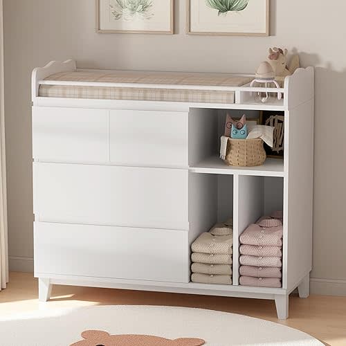 Baby Changing Table Top, Multi-Functional Nursery Changing Table, 4 Drawers with 2 Open Shelves, Bedroom, White