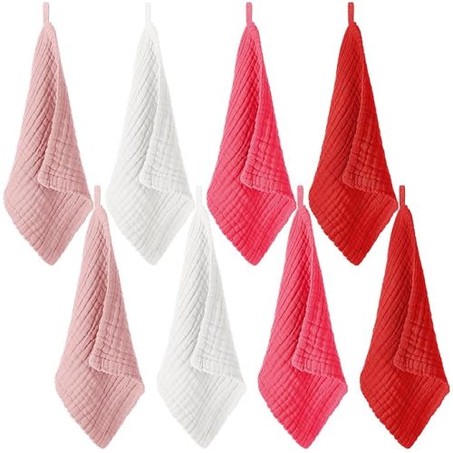 8 Pcs Baby Washcloths for Newborn 12 x 12 Inch Muslin Face Towels Cotton Absorbent for Delicate Skin Soft Muslin Cloth Reusable Baby Registry as Shower Gift, 4 Colors(Rose Red)