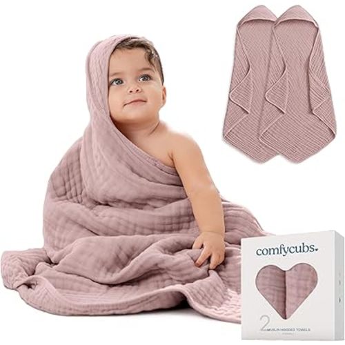 Comfy Cubs Hooded Baby Towel 2-Pack, Large 32 x 32 Inch - 6 Layer 100% Muslin Cotton for Babies, Toddlers and Kids - Soft & Absorbent Baby Bath Towels - Unisex Design for Bath Time - Mauve