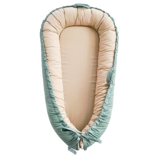 Baby Lounger, Baby Nest Cover for Baby, Reversible & Breathable Cotton, Adjustable Baby Floor Seat for Tummy Time, Portable Infant Lounger, Essentials for Newborns (Green)