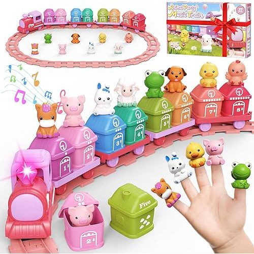 Learning Toys for Toddlers 1 2 3 Year Old,Electric Farm Train Set for Girls 2-4,Counting Matching & Sorting Montessori Train Toy with Farm Animals, Music, Light, Christmas Birthday Gift Baby (Pink)