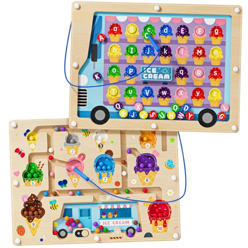 2 in 1 Magnetic Maze Board for Kids Montessori Toys Double-Sided Counting Magnetic Alphabet Letters ABC Magnets Puzzles 3-5 Age Boys and Girls Birthday Gifts
