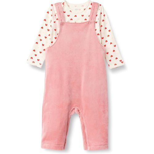 Amazon Essentials x Sofia Grainge Unisex Babies' Velour Overall and Long Sleeve Bodysuit Set, Pack of 2, Blush/Hearts, 3-6 Months