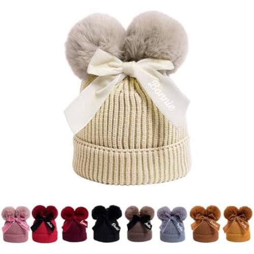 Custom Baby Winter Beanie Hat with Bow, Double Pom Pom Beanies Cap, Customized Warm Toddler Boys Girls Knit Hats