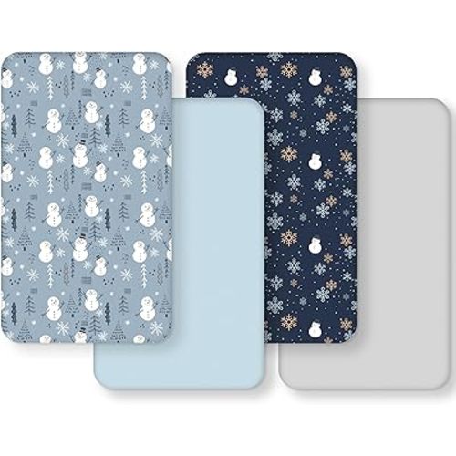 Baby Crib Sheets for Boys and Girls, Toddler Bed Sheets Fitted for 52”x28”Standard Crib and Toddler Mattresses, 4 Pack Soft Stretchy Microfiber Blue Snowman