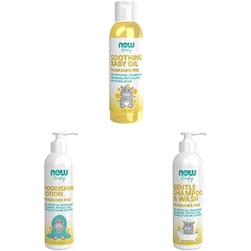 Bundle of NOW® Baby, Soothing Baby Oil, 4 Fl. Oz. (118 mL) + NOW® Baby, Nourishing Baby Lotion, 8 Fluid Ounces (237 mL) + NOW® Baby, Gentle Shampoo & Wash, 8-Ounce