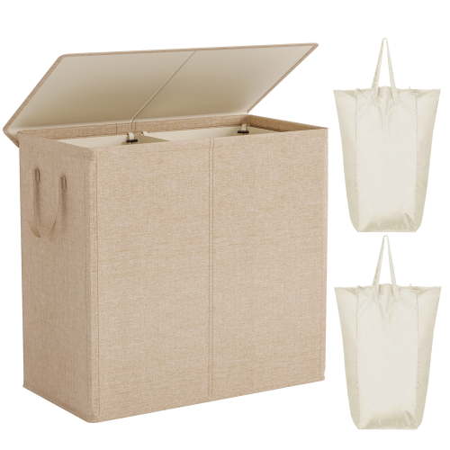 BGTREND Double Laundry Hamper with Lid 110L Laundry Basket with Removable Liner Bags Collapsible Laundry Sorter Dirty Clothes Hamper (Wheat)