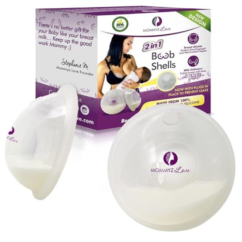 Mommyz Love Breast Shells & Milk Catcher for Breastfeeding New Model with Plugs - Breast Milk Catcher to Relieve Cracked Sore & Engorged Nipples - Breast Shells Milk Collector for Leaking Milk 2 Pack