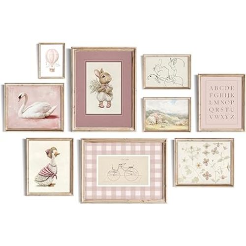 Kizbok Pink Nursery Wall Art Decor for Baby Girl Room Decor, Vintage Kids Room Wall Decor Swan Bunny Duck Hot Air Balloons Flower Canvas Art Prints Poster, Cute Nursery Wall Poster for Little Girl's Bedroom, Toddler Kids Playroom - Unframed