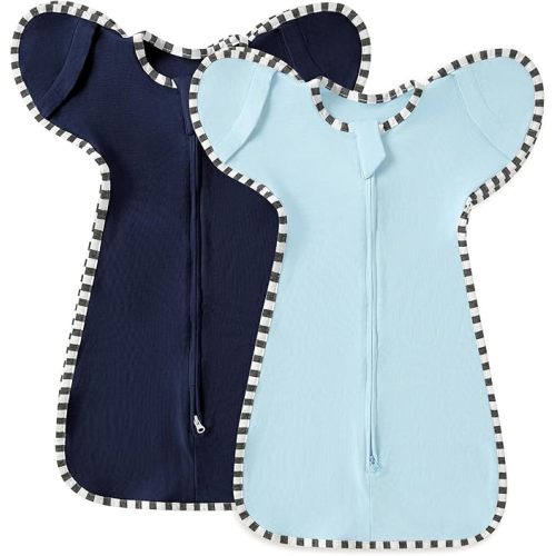 Soft Cotton Swaddle Blanket, Arms Up Baby Sleep Transitional Swaddle Sack Wearable Sleeping Bag for Boy Girl (Blue + Dark Blue, M(3-6 Months))