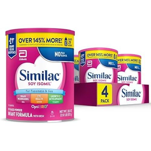 Similac Soy Isomil Infant Formula, for Fussiness & Gas, Plant-Based Protein, Infant Formula Powder, 30.8-oz Value Can, Pack of 4