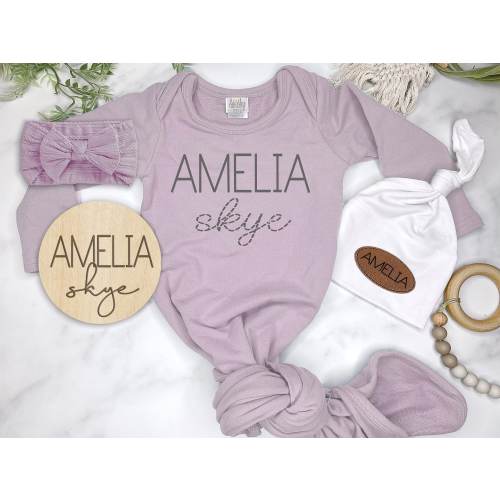 Bamboo Newborn Baby Girl Outfit, Baby Girl Personalized Knotted Gown, Newborn Outfit, Monogramed, Name Sign, Knotted Hat, Coming Home Outfit