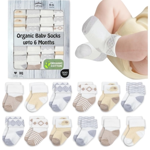 Mother's Choice Organic Cotton Baby Socks, 12 Pairs, Unisex 0-6 Months - Soft, Hypoallergenic Newborn & Infant Socks - Baby Girl & Boy Gifts, (12Pcs, Brown)